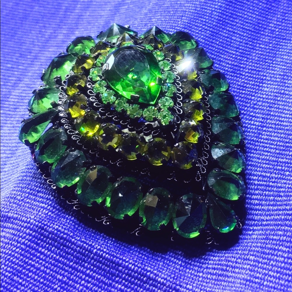 Antique Green rhinestone large, bold brooch.